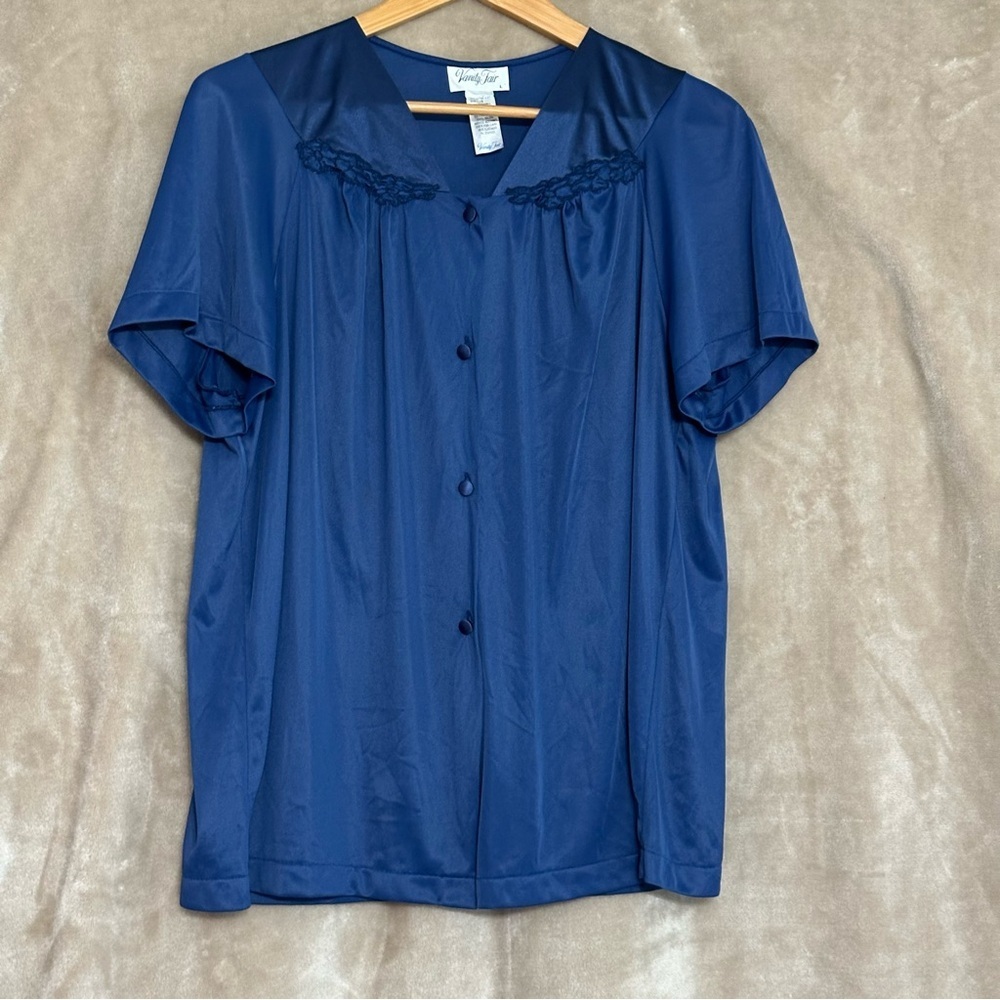 Vanity Fair Bed Jacket Loungewear Top Navy Blue Lace Short Sleeve Size Large